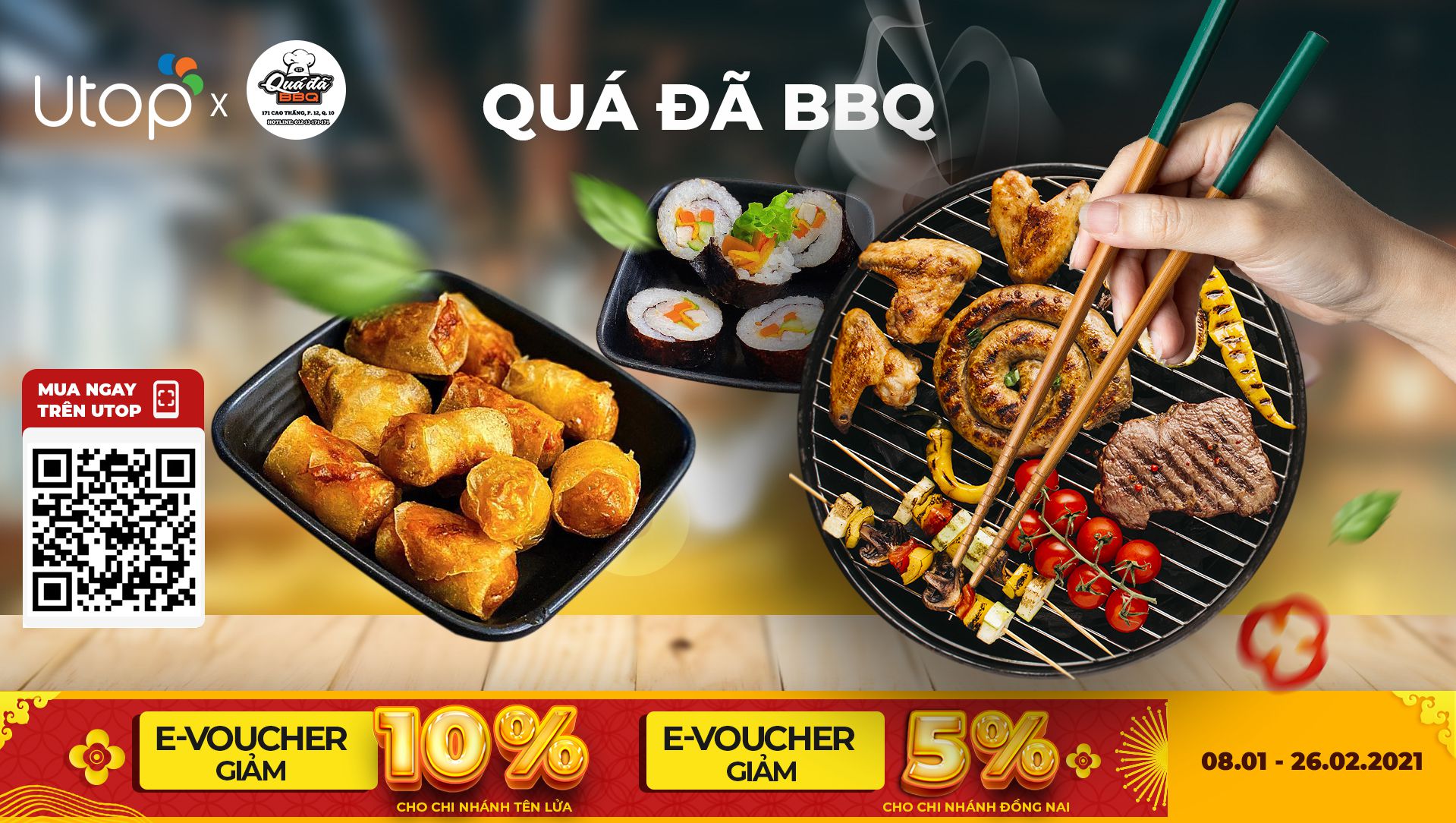 Quá Đã BBQ chi nhánh Tên Lửa và Đồng Nai khuyến mãi trên Utop